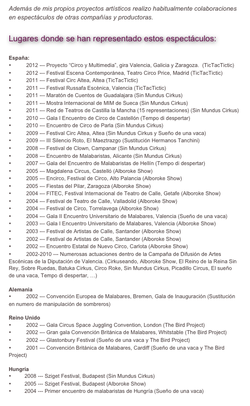 Además de mis propios proyectos artísticos realizo habitualmente colaboraciones en espectáculos de otras compañías y productoras. Ver Currículo. 

Lugares donde se han representado estos espectáculos:

España:
•	2012 --- Proyecto “Circo y Multimedia”, gira Valencia, Galicia y Zaragoza.  (TicTacTictic)
•	2012 --- Festival Escena Contemporánea, Teatro Circo Price, Madrid (TicTacTictic)
•	2011 --- Festival Circ Altea, Altea (TicTacTictic)
•	2011 --- Festival Russafa Escènica, Valencia (TicTacTictic)
•	2011 --- Maratón de Cuentos de Guadalajara (Sin Mundus Cirkus)
•	2011 --- Mostra Internacional de MIM de Sueca (Sin Mundus Cirkus)
•	2011 --- Red de Teatros de Castilla la Mancha (15 representaciones) (Sin Mundus Cirkus)
•	2010 --- Gala I Encuentro de Circo de Castellón (Tempo di despertar)
•	2010 --- Encuentro de Circo de Parla (Sin Mundus Cirkus)
•	2009 --- Festival Circ Altea, Altea (Sin Mundus Cirkus y Sueño de una vaca)
•	2009 --- III Silencio Roto, El Maeztrazgo (Sustitución Hermanos Tanchini)
•	2008 --- Festival de Clown, Campanar (Sin Mundus Cirkus)
•	2008 --- Encuentro de Malabaristas, Alicante (Sin Mundus Cirkus)
•	2007 --- Gala del Encuentro de Malabaristas de Hellín (Tempo di despertar)
•	2005 --- Magdalena Circus, Castelló (Alboroke Show)
•	2005 --- Encirco, Festival de Circo, Alto Palancia (Alboroke Show)
•	2005 --- Fiestas del Pilar, Zaragoza (Alboroke Show)
•	2004 --- FITEC, Festival Internacional de Teatro de Calle, Getafe (Alboroke Show)
•	2004 --- Festival de Teatro de Calle, Valladolid (Alboroke Show)
•	2004 --- Festival de Circo, Torrelavega (Alboroke Show)
•	2004 --- Gala II Encuentro Universitario de Malabares, Valencia (Sueño de una vaca)
•	2003 --- Gala I Encuentro Universitario de Malabares, Valencia (Alboroke Show)
•	2003 --- Festival de Artistas de Calle, Santander (Alboroke Show)
•	2002 --- Festival de Artistas de Calle, Santander (Alboroke Show)
•	2002 --- Encuentro Estatal de Nuevo Circo, Carlota (Alboroke Show)
•	2002-2010 --- Numerosas actuaciones dentro de la Campaña de Difusión de Artes Escénicas de la Diputación de Valencia. (Cirkuseando, Alboroke Show, El Reino de la Reina Sin Rey, Sobre Ruedas, Batuka Cirkus, Circo Roke, Sin Mundus Cirkus, Picadillo Circus, El sueño de una vaca, Tempo di despertar, …)

Alemania 
•	2002 --- Convención Europea de Malabares, Bremen, Gala de Inauguración (Sustitución en numero de manipulación de sombreros)

Reino Unido
•	2002 --- Gala Circus Space Juggling Convention, London (The Bird Project)
•	2002 --- Gran gala Convención Británica de Malabares, Whitstable (The Bird Project)
•	2002 --- Glastonbury Festival (Sueño de una vaca y The Bird Project)
•	2001 --- Convención Británica de Malabares, Cardiff (Sueño de una vaca y The Bird Project)

Hungría 
•          2008 --- Sziget Festival, Budapest (Sin Mundus Cirkus)
•          2005 --- Sziget Festival, Budapest (Alboroke Show)
•          2004 --- Primer encuentro de malabaristas de Hungría (Sueño de una vaca)
